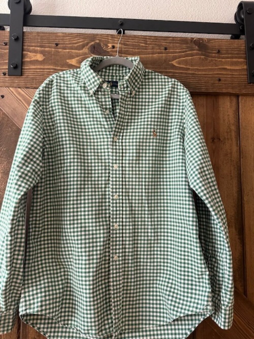 Ralph Lauren | Men's Gingham Green Button Up Collared 100% Shirt Sz L